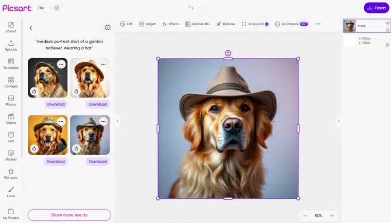 Gratis AI-genererad bild av en golden retriever med hatt i Picsart.