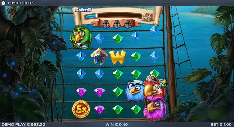 Slot med pirattema där wild-symboler i form av guldbokstaven W hjälper till att skapa vinnande kombinationer med ädelstenar.
