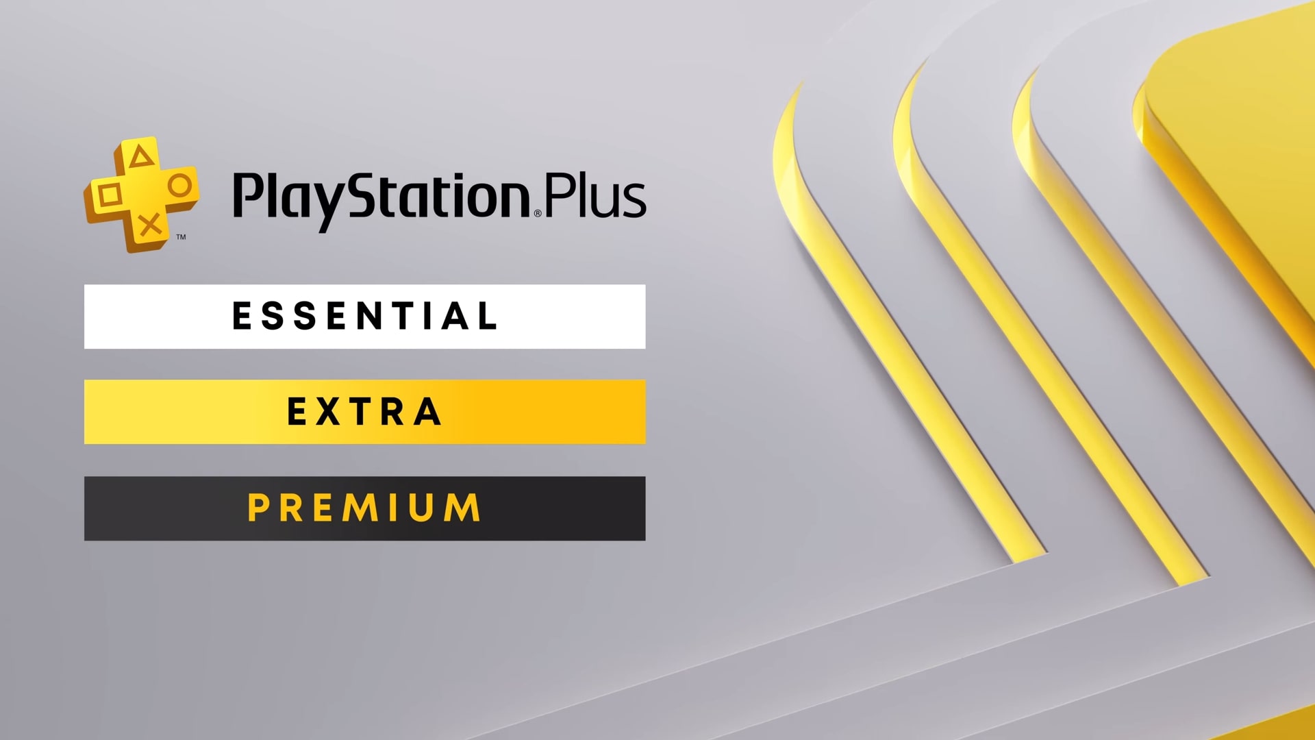 PlayStation Plus-prenumerationsnivåer Essential, Extra och Premium, med gul och svart grafik i bakgrunden.