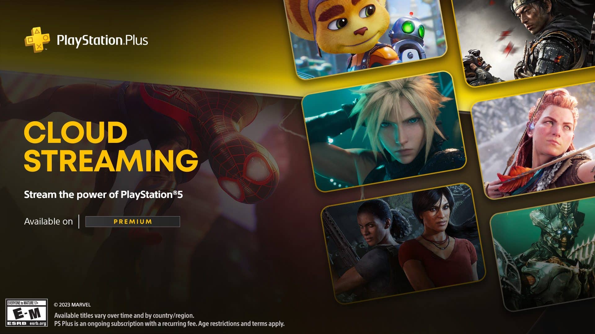PlayStation Plus Cloud Streaming för PS5 med karaktärer från spel som Spider-Man, Final Fantasy och Horizon i fokus.