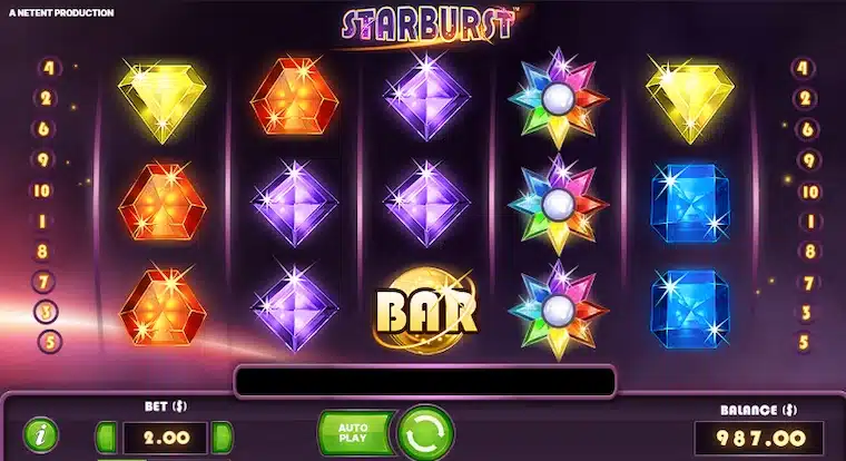 Starburst-slot med färgglada wild-symboler. 
