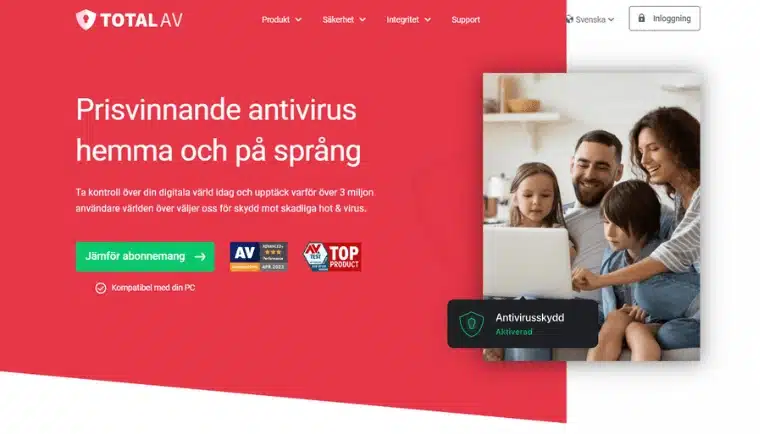 TotalAV startsida som marknadsför prisvinnande antivirus med skydd mot skadliga hot och virus.