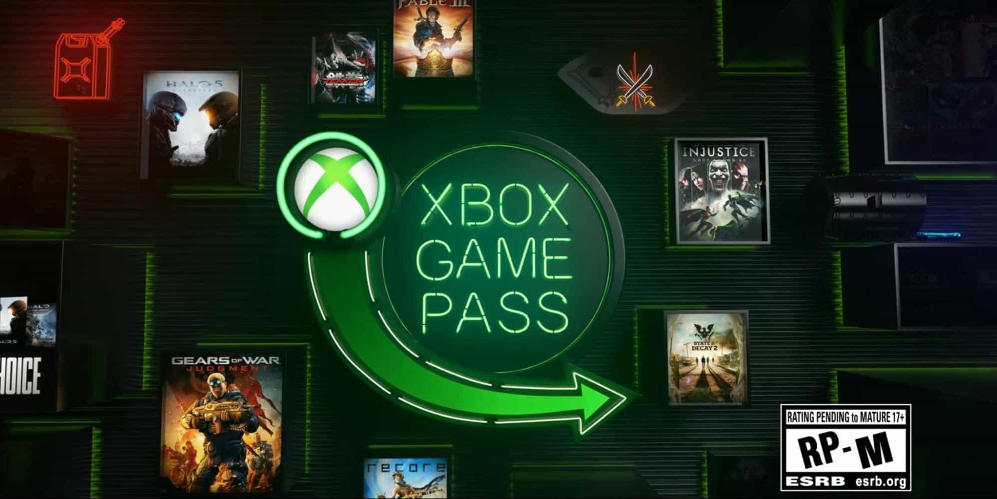 Xbox Game Pass-logotyp med spelomslag som Halo 5, Fable III och Gears of War Judgment i bakgrunden.