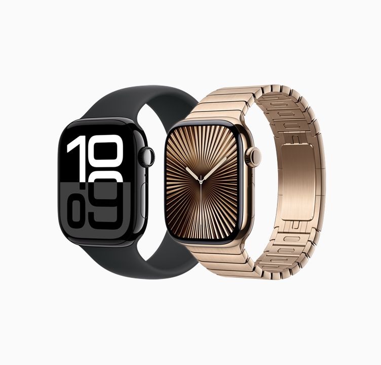 Två varianter av Apple Watch Series 10 i svart och guld, en med sportband och en med länkarmband.