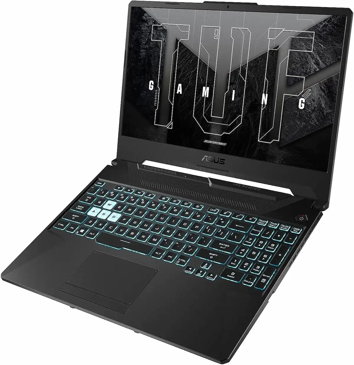 Asus TUF F15 gaming-laptop med upplyst tangentbord och robust design.