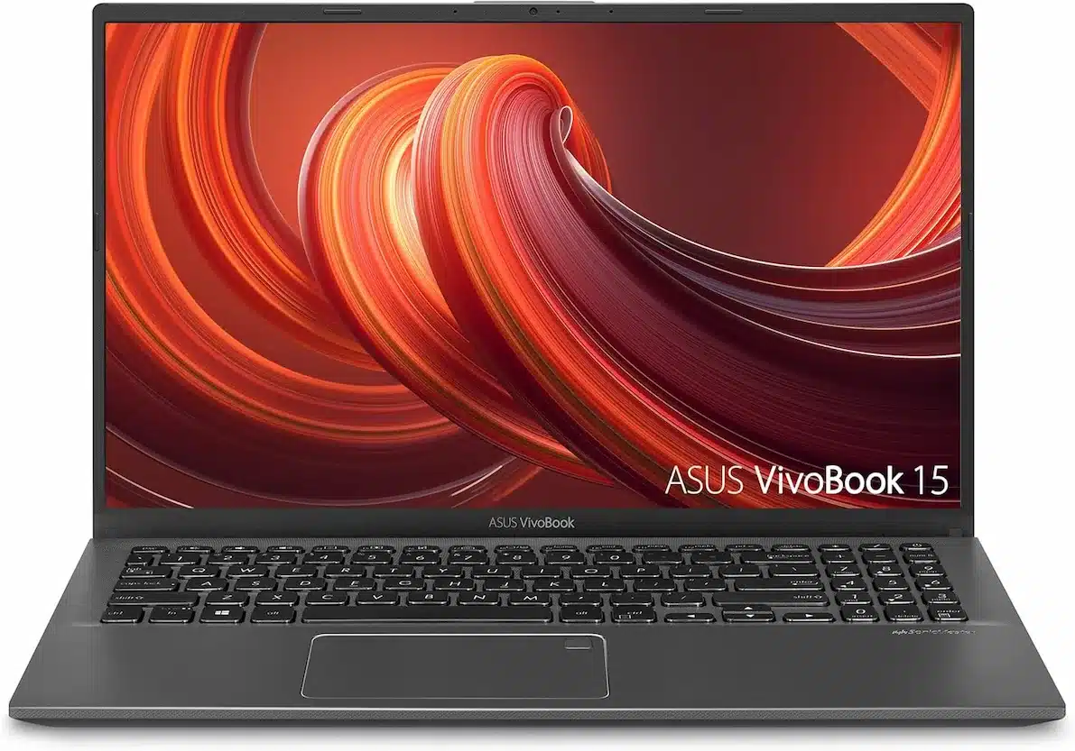 Asus Vivobook 15 bärbar dator med bred skärm och elegant grå finish.