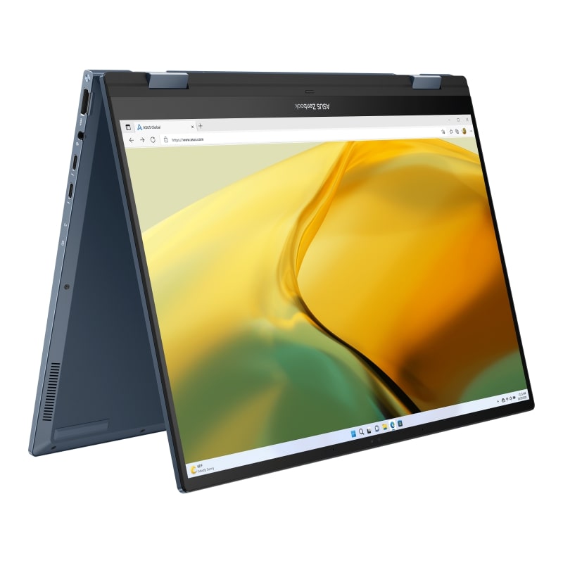 Asus Zenbook 14 Flip i tent-läge med OLED-skärm.