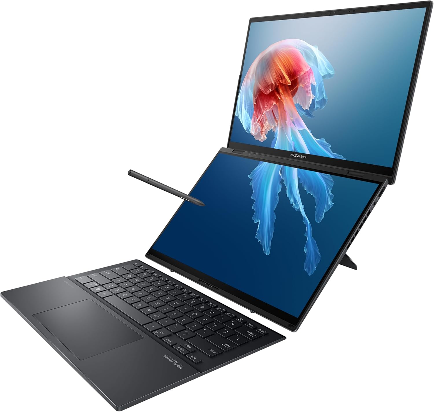 Asus Zenbook Duo med dubbla skärmar och stylus för kreativt arbete.