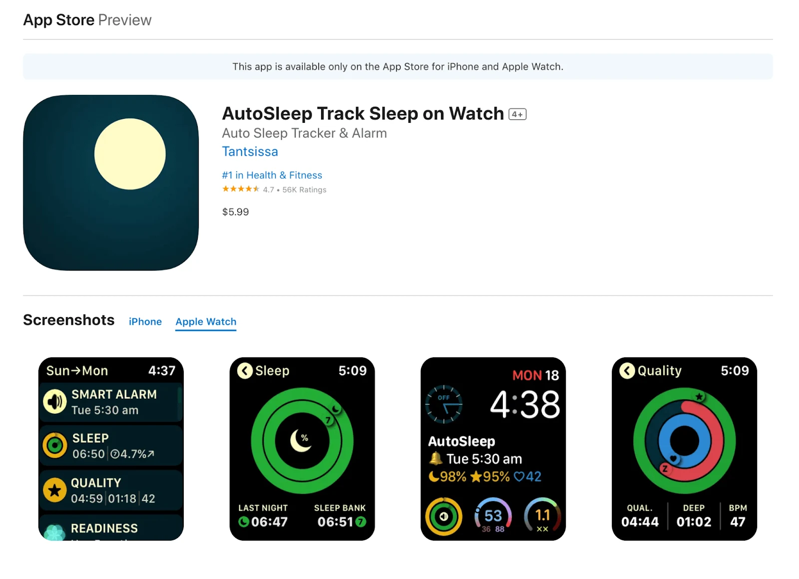 AutoSleep-appen för sömnspårning visas på Apple Watch med skärmbilder som visar sömnkvalitet och statistik.