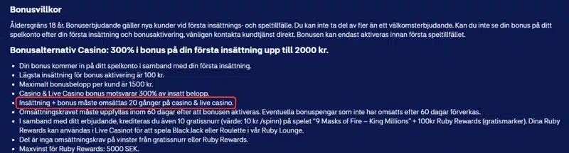 Omsättningskrav markerat i bonusvillkor.