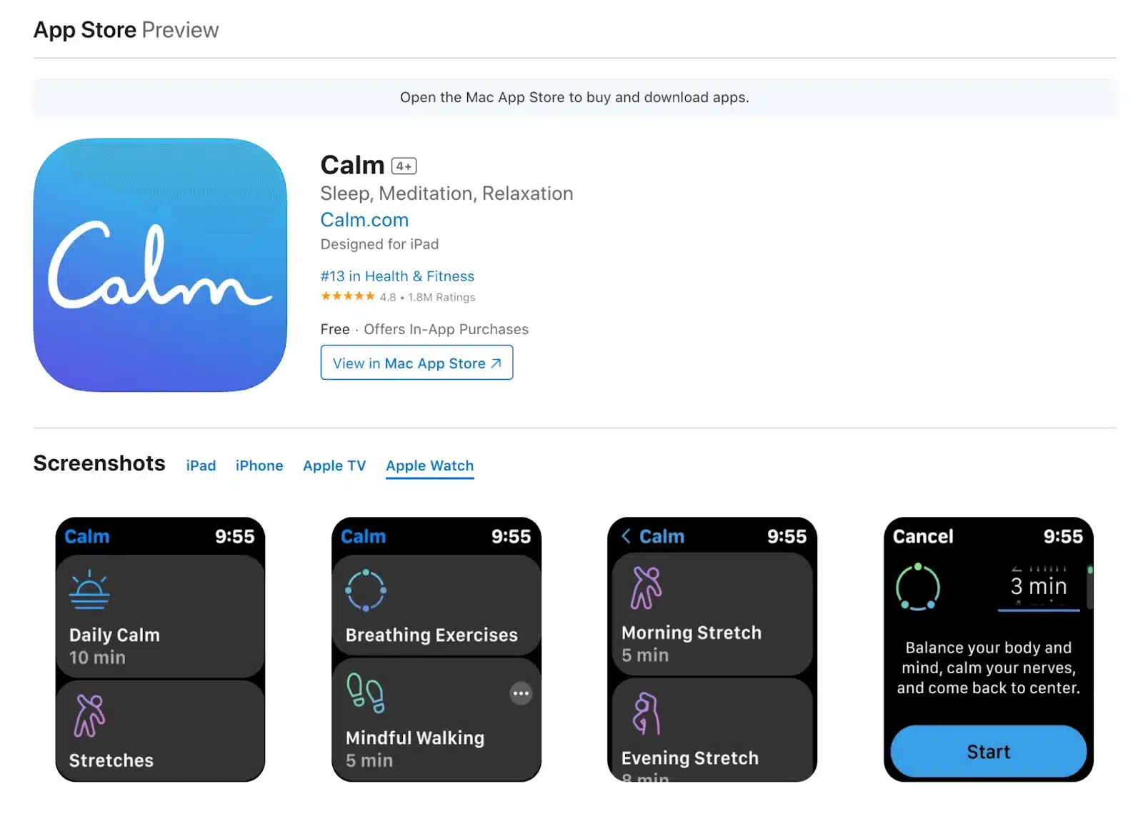 Calm-appen för meditation och avslappning visas på Apple Watch med skärmbilder av funktioner som andningsövningar och stretching.