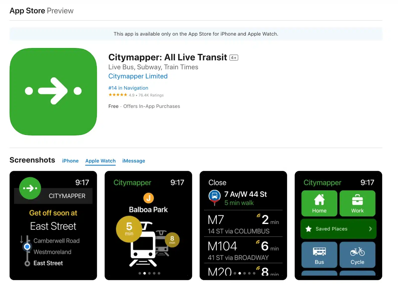 Citymapper-appen på Apple Watch visar realtidsinformation om kollektivtrafik och navigering för städer.