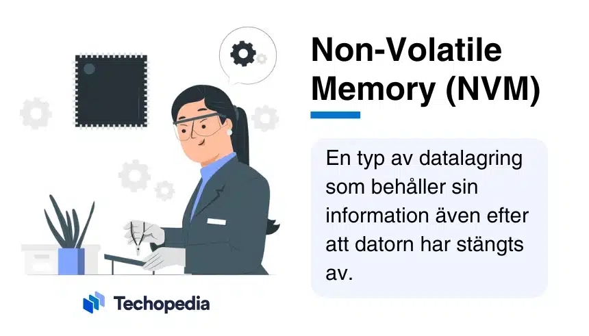 Illustration av en kvinna i labbrock brevid en kort förklaring av Non-Volatile Memory (NVM).