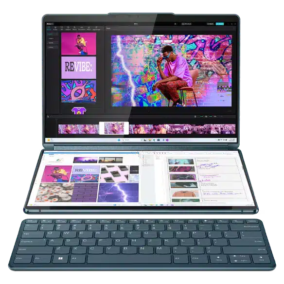 Lenovo Yoga Book 9i med dubbla skärmar, varav en används för kreativt arbete.