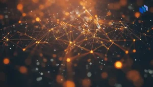 Abstrakt nätverk som symboliserar blockchain-teknik och decentraliserade appar (dApps) med glödande noder på mörk bakgrund.