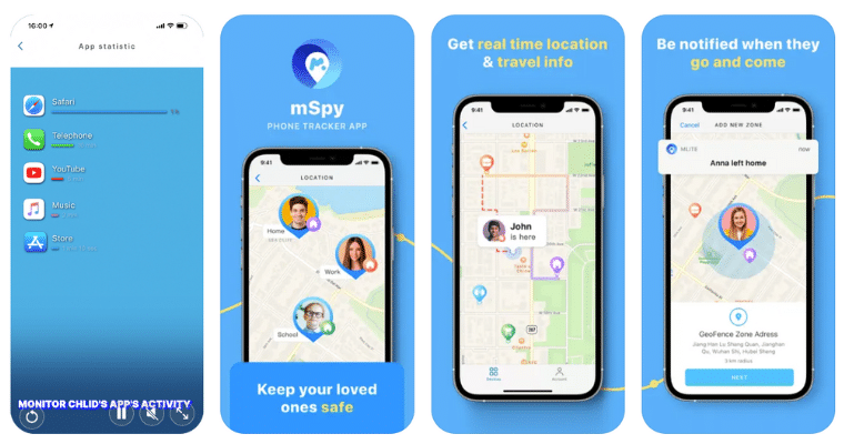 mSpy föräldrakontrollapp visar funktioner som appanvändning, realtidsplatsspårning och geofence-notiser för barnets rörelser.