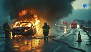 Brandmän släcker en brinnande elbil på en motorväg, rök fyller luften medan räddningsfordon står redo i bakgrunden.