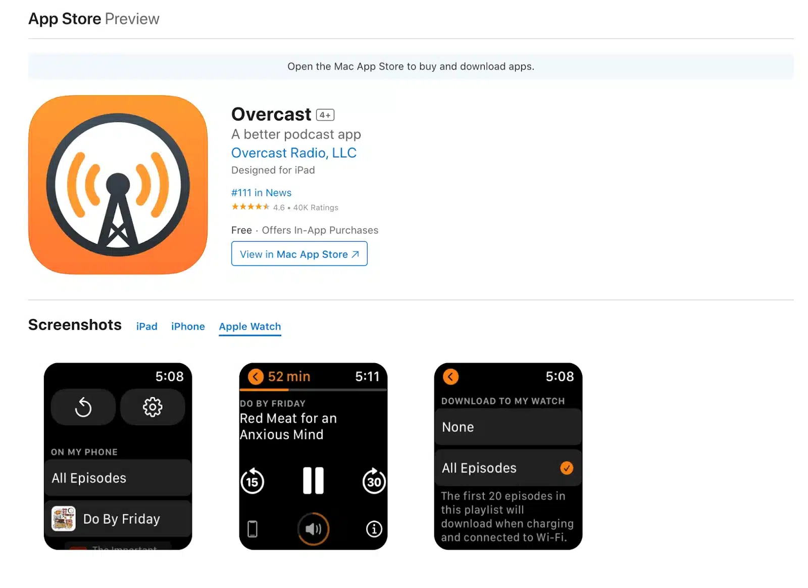 Overcast-appen på Apple Watch visar podcastuppspelning, episodlistor och nedladdningar för offline-lyssning.