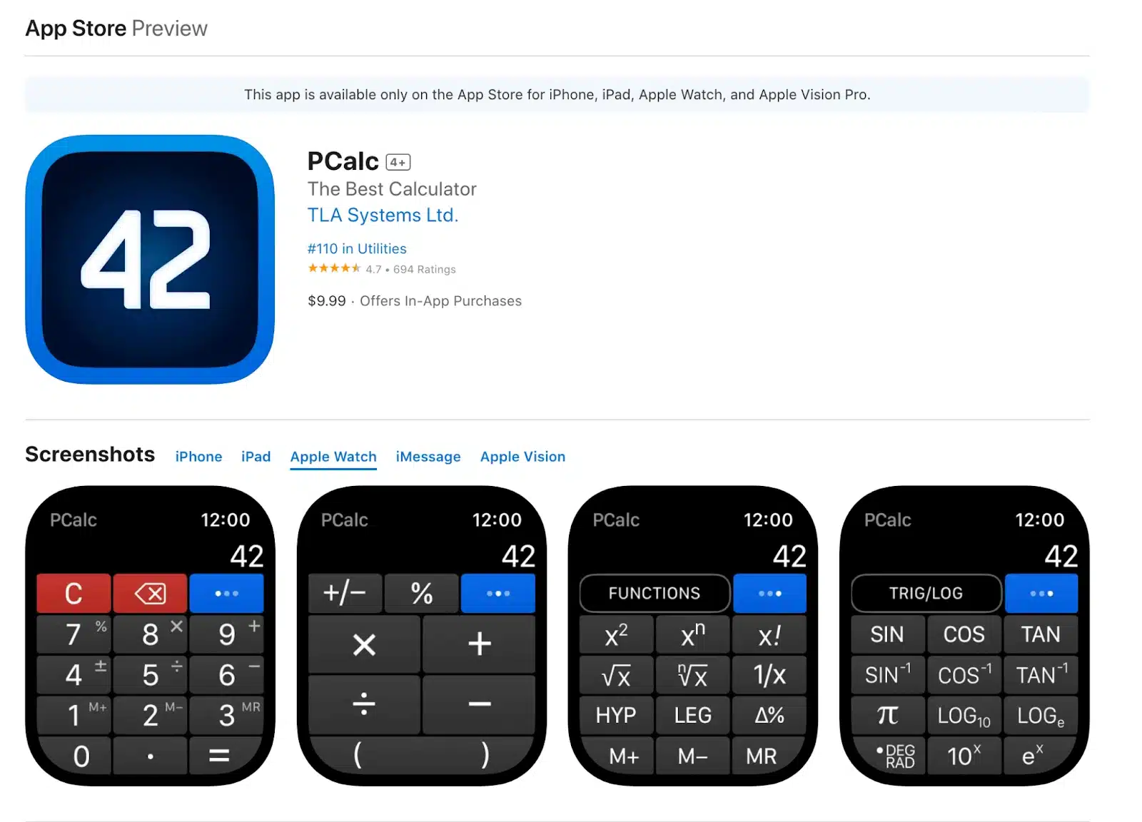 PCalc-appen på Apple Watch visar vetenskapliga och grundläggande beräkningar med ett anpassningsbart kalkylatorgränssnitt.