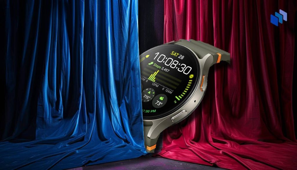 Samsung Galaxy Watch 8 avslöjas med en elegant design, visas delvis mellan ett blått och ett rött draperi.