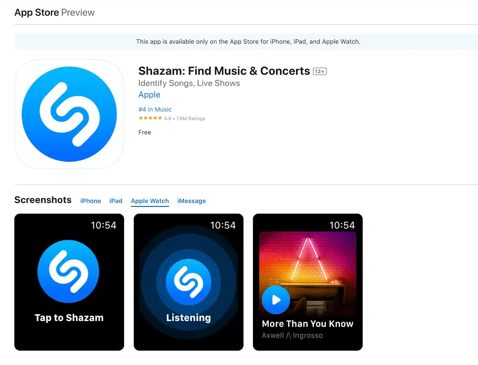 Shazam-appen på Apple Watch visar musikigenkänning och historik över identifierade låtar.