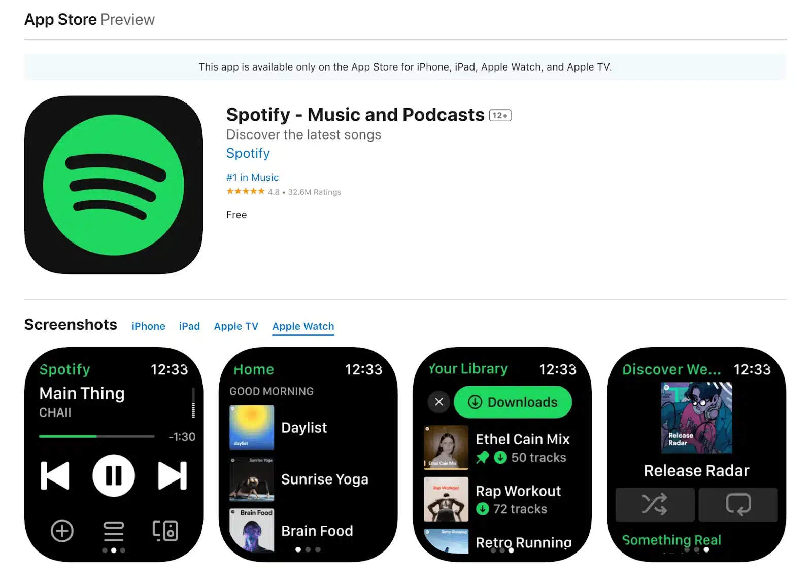 Spotify-appen på Apple Watch visar uppspelning av musik, spellistor och nedladdningar av låtar för offline-lyssning.