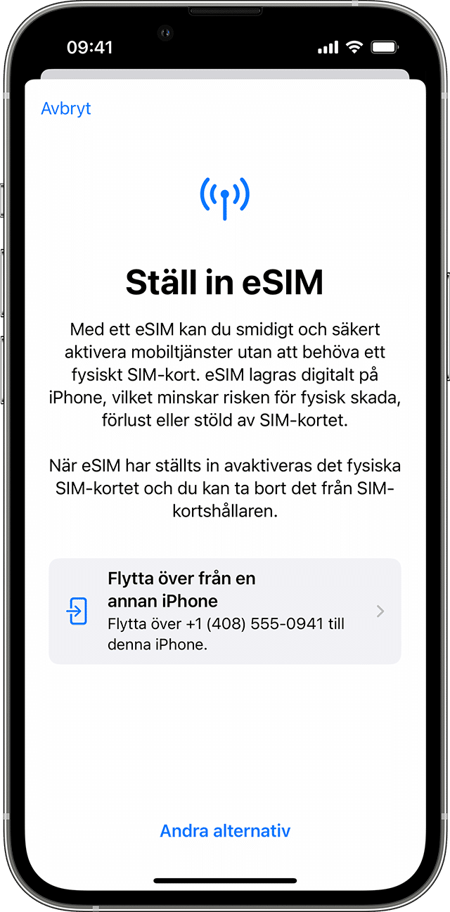 Inställningsskärm för eSIM på iPhone som visar information om hur man aktiverar ett eSIM och överför från en annan iPhone.
