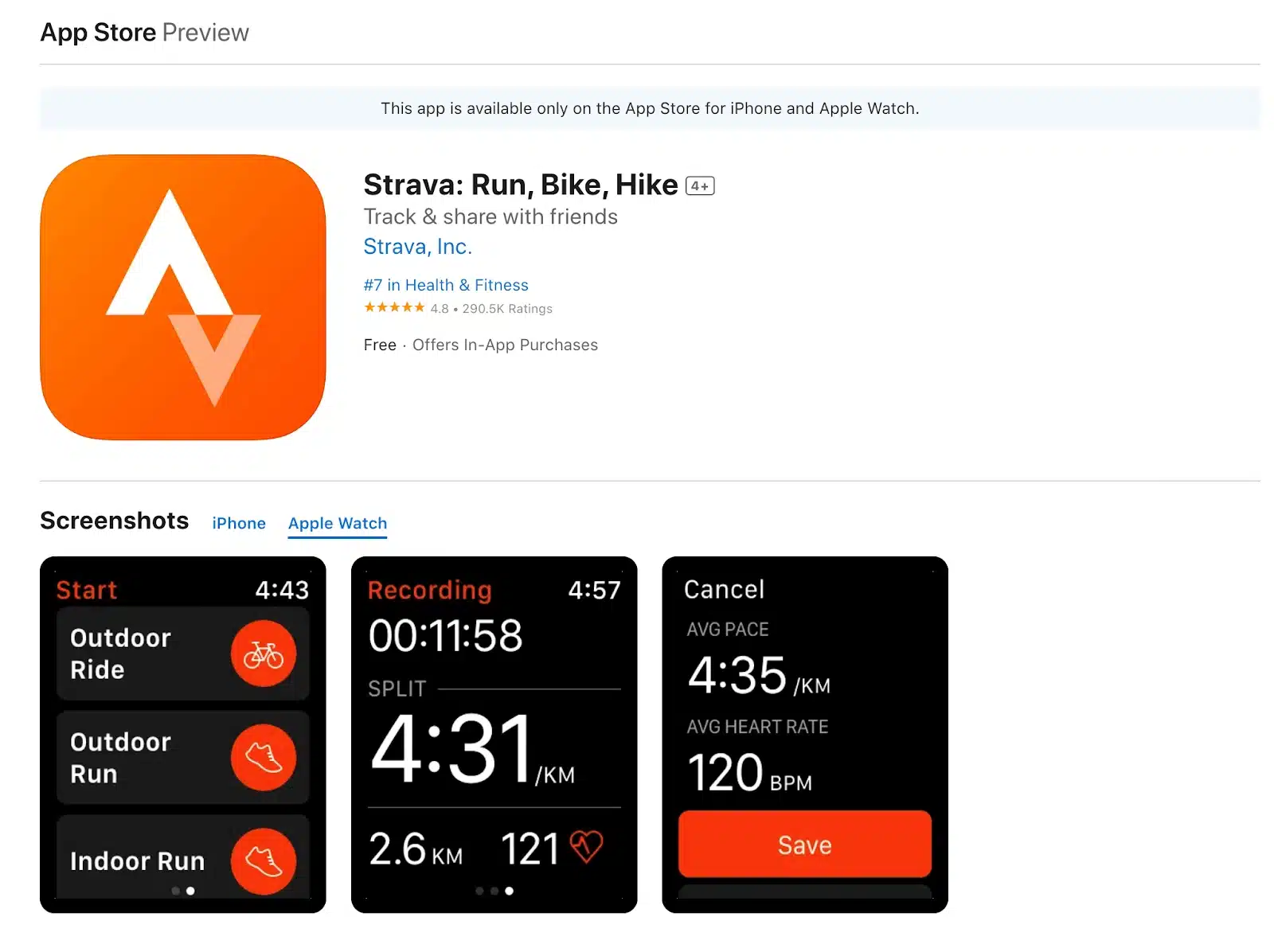 Strava-appen för träning visas på Apple Watch med skärmbilder som visar löpning, cykling och aktivitetsspårning.