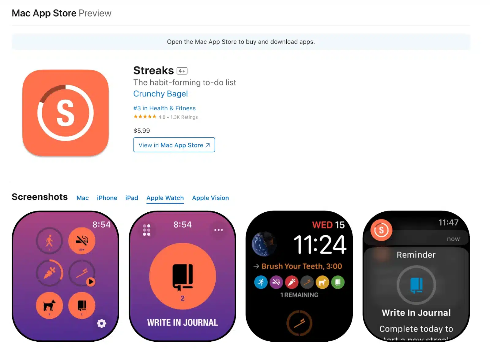 Streaks-appen på Apple Watch visar uppgifter för att skapa och följa vanor, inklusive att skriva i en dagbok.