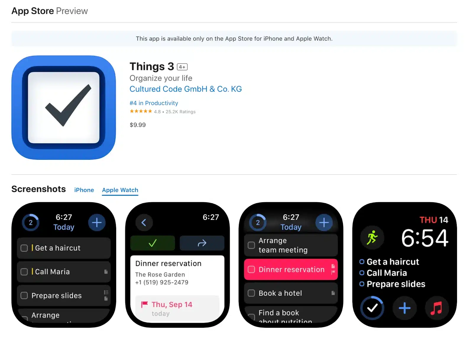 Things 3-appen på Apple Watch visar uppgifter och påminnelser för bättre planering och produktivitet.