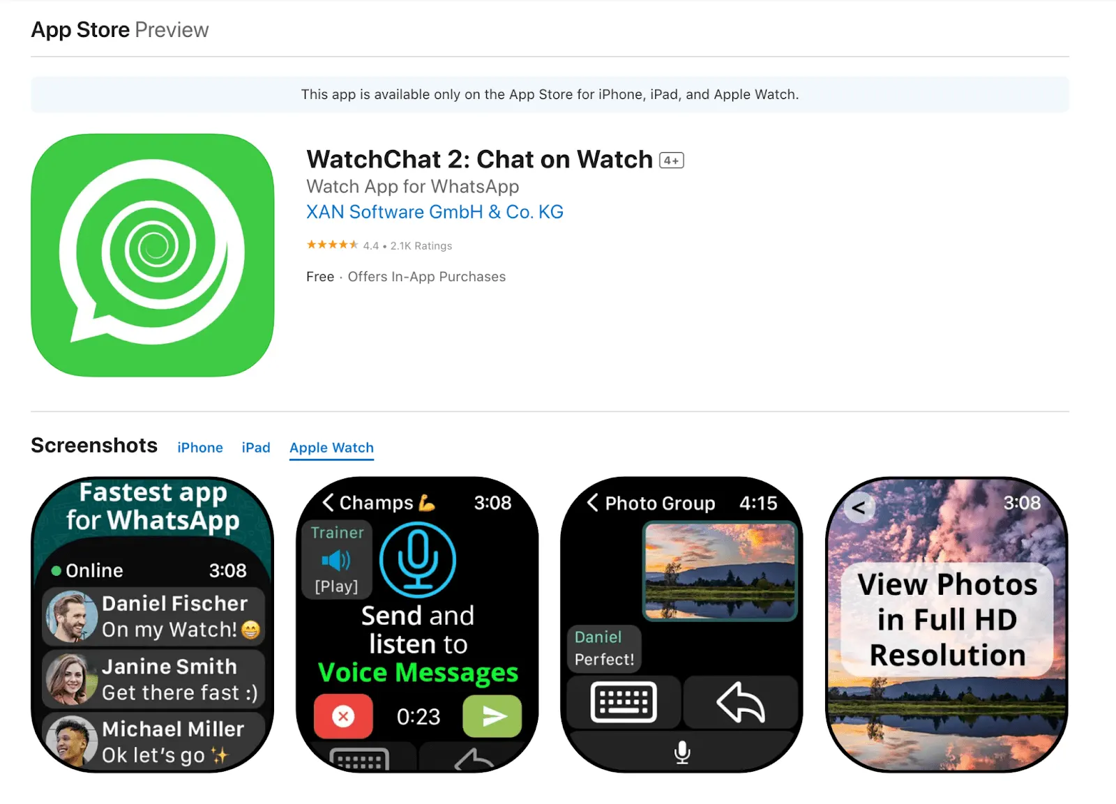 WatchChat 2-appen på Apple Watch visar WhatsApp-meddelanden, röstmeddelanden och bilder i HD-upplösning.