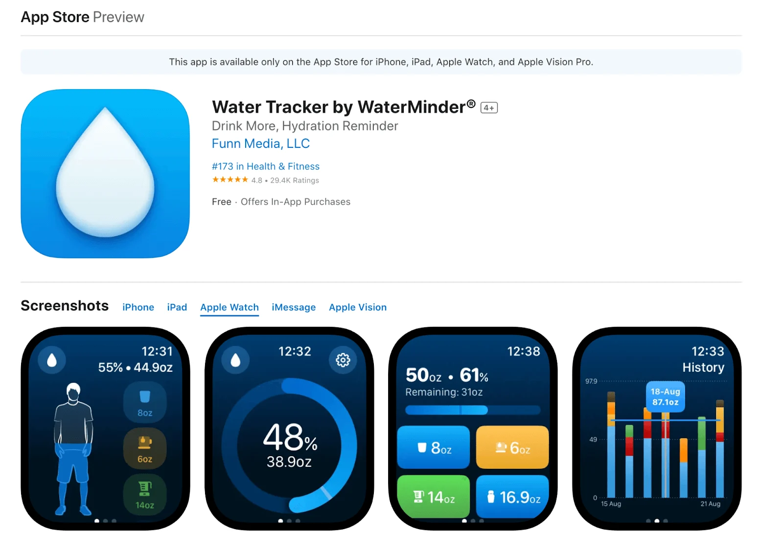 WaterMinder-appen för att hålla koll på vätskeintag visas på Apple Watch med skärmbilder av hydreringsstatus och historik.