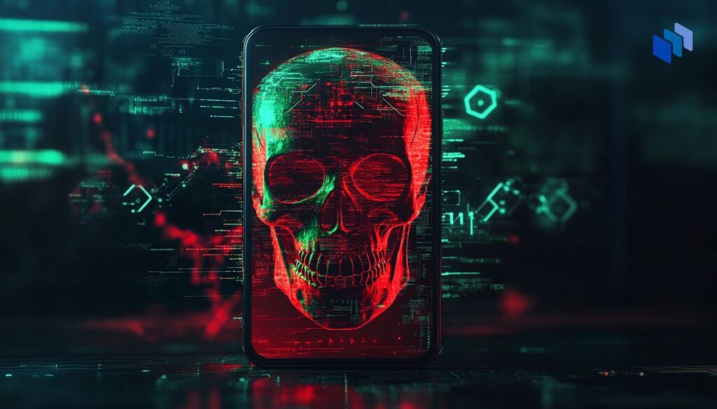 Bild av en mobiltelefon med en digital röd dödskalle, som symboliserar hot från cyberattacker och digital sårbarhet.