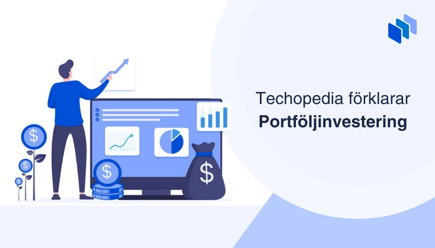 Grafisk illustration av portföljinvestering, med grafer, pengasäckar och en person som pekar på ett växande diagram.