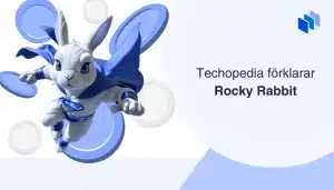 Rocky Rabbit i superhjältedräkt med mynt omkring sig, med texten Techopedia förklarar Rocky Rabbit.