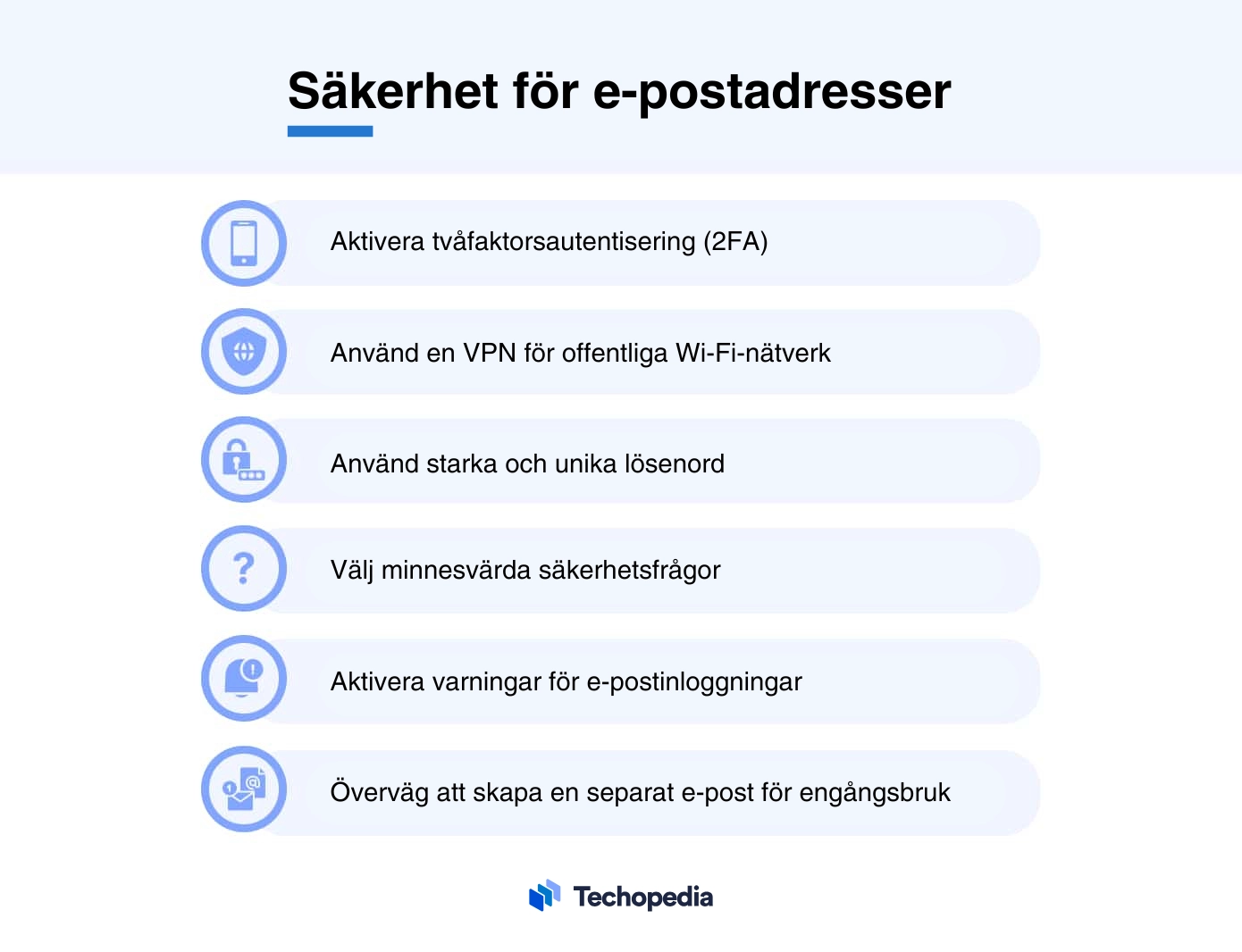 Tips för att skydda e-postadresser, inklusive 2FA, VPN för offentligt Wi-Fi och starka lösenord.