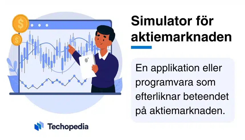 Illustration av man vid aktiegraf brevid kort definition av simulator för aktiemarknaden.