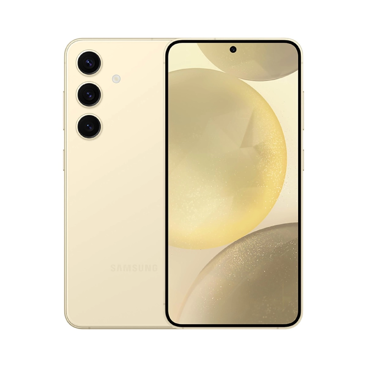 Samsung S24-telefon i guldfärg med tre kameror på baksidan och en stor skärm med minimalistisk design.