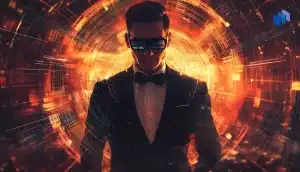 Man i smoking och spionglasögon med en James Bond-liknande stil och teknologiskt tema.