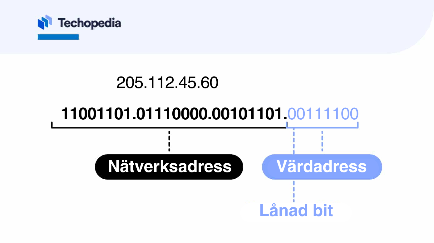 Illustration som visar IP-adressen 205.112.45.60 uppdelad i nätverksadress, värdadress och lånad bit för subnätning.