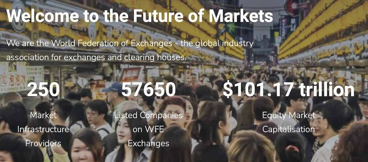 Marknadsplats med text om World Federation of Exchanges för data om leverantörer, företag och biljoner i marknadsvärde.