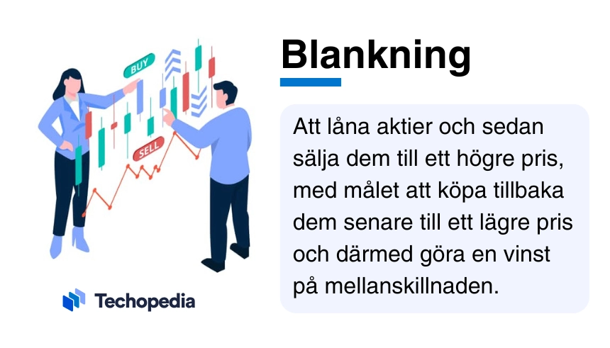 Illustration av två personer vid ett aktiediagram som visar köp- och säljprocessen, med förklaring av vad blankning är.