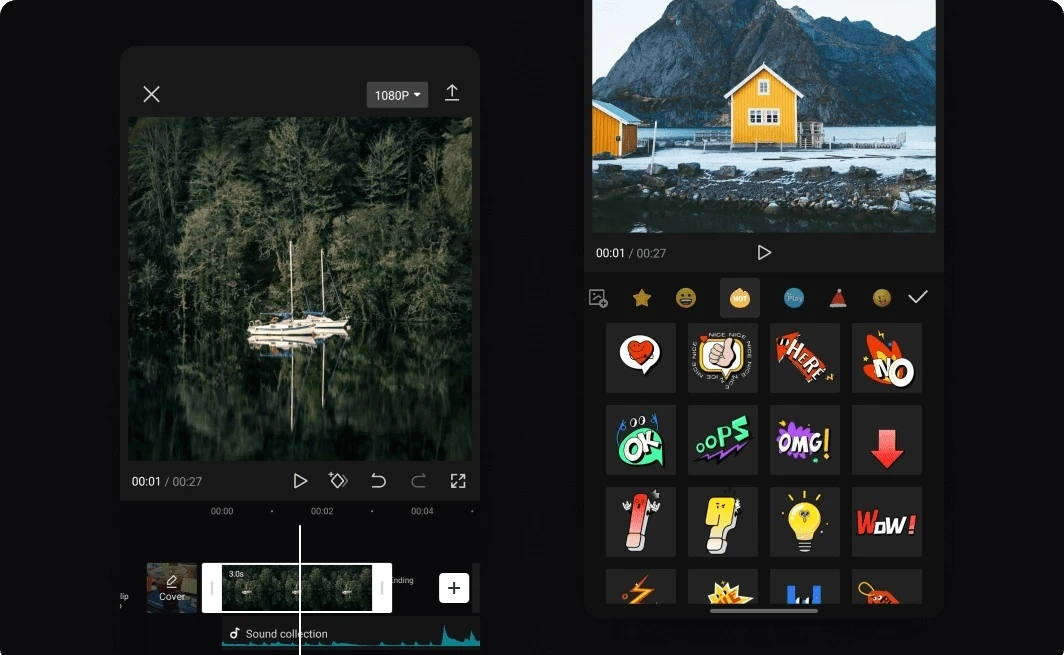 Skärmbild av CapCut-mobilappen med videoredigering på tidslinje och klistermärken som kan läggas till i videor.