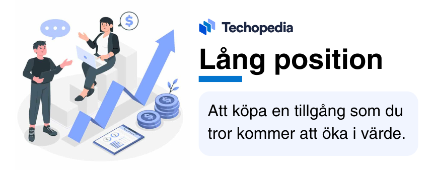 Förklaring av lång position och två personer som diskuterar en lång position med symboler för pengar och uppåtgående grafer.