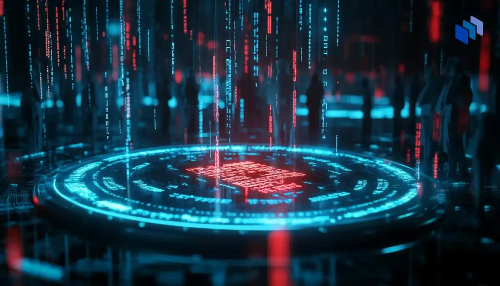 En futuristisk digital illustration som visar cybersäkerhet med holografiska dataflöden och en skyddande cirkel i neonfärger.