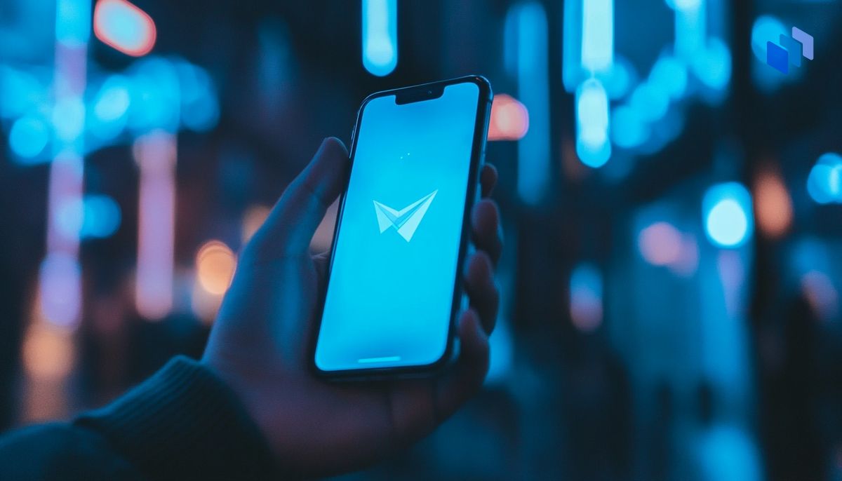 En hand håller en smartphone med en ljusblå skärm som visar en Telegram-liknande logotyp, omgiven av neonljus.