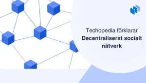 Illustration av ett nätverk med sammankopplade kuber samt texten Techopedia förklarar decentraliserat socialt nätverk.