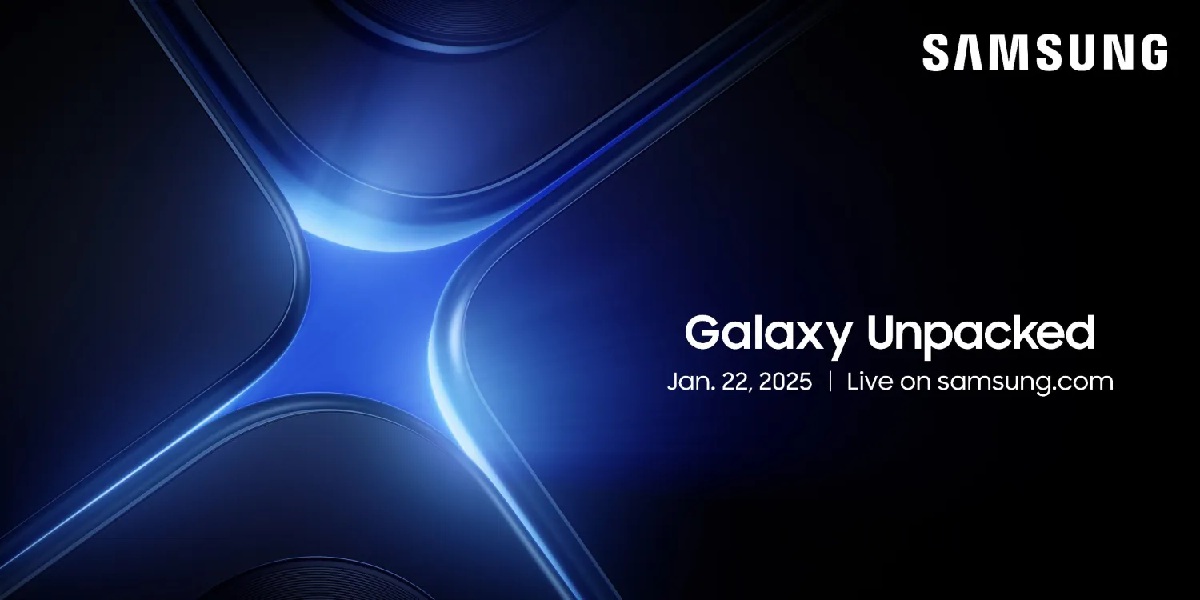 Samsung Galaxy Unpacked den 22 januari 2025 med futuristisk blå design och text som annonserar live-evenemang på samsung.com.
