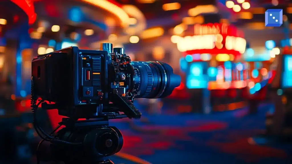 professionell filmkamera på stativ i ett färgglatt kasino med blinkande spelautomater i bakgrunden.