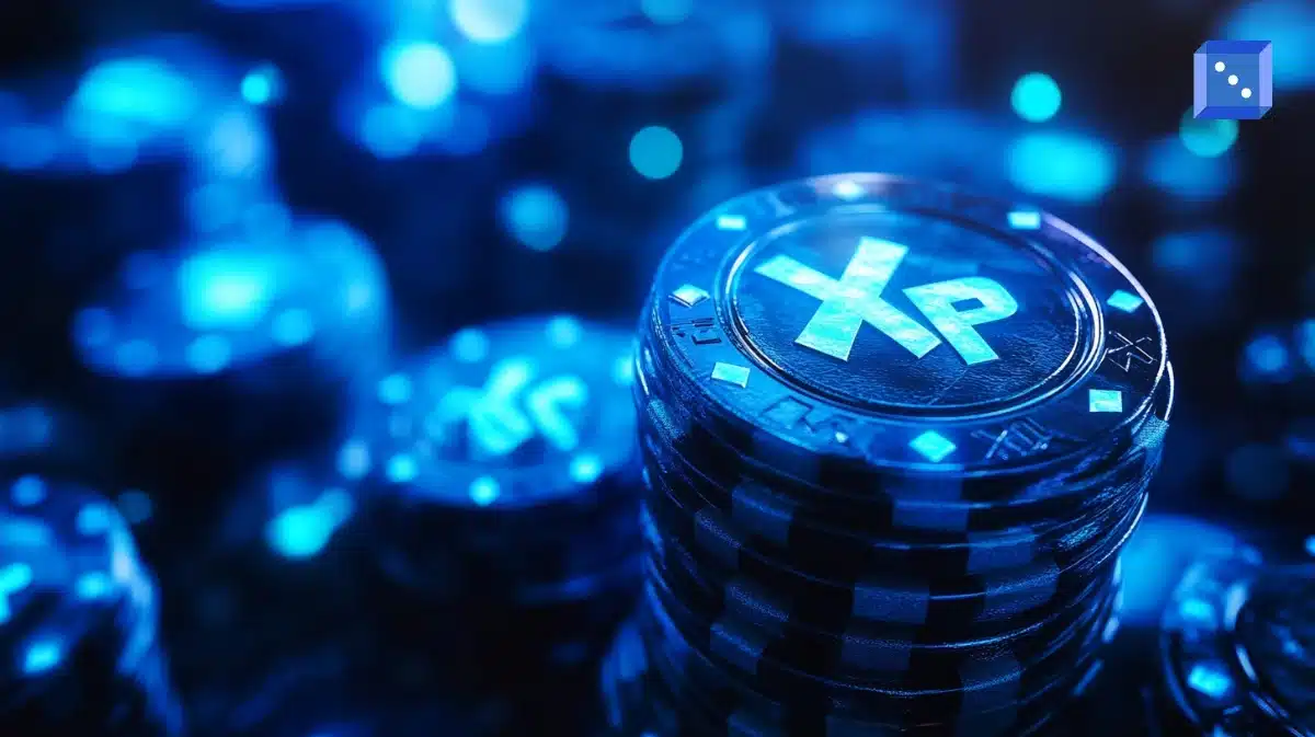 En hög med blå spelmarker med XP-symbol, som representerar gamification och belöningssystem på casino.